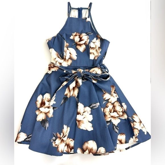 Privy Women’s Sz S Navy Beige Floral Print Fit and Flare Mini Dress High Neck - Picture 1 of 9